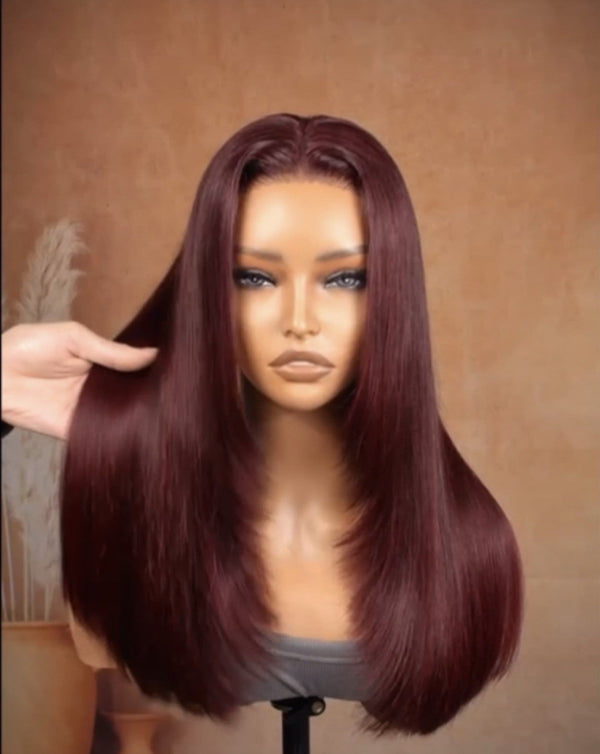 Chic Luxe Hair Glueless Layered Cut Bone Straight Dark 99J HD Lace Wig