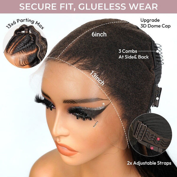 Chic Luxe Hair 100% Human Hair Crimp Wave Long Frontal Wig 13x6 HD Lace Black Caramel Honey Highlight 250% Density Glueless Pre-Braided Wear & Go