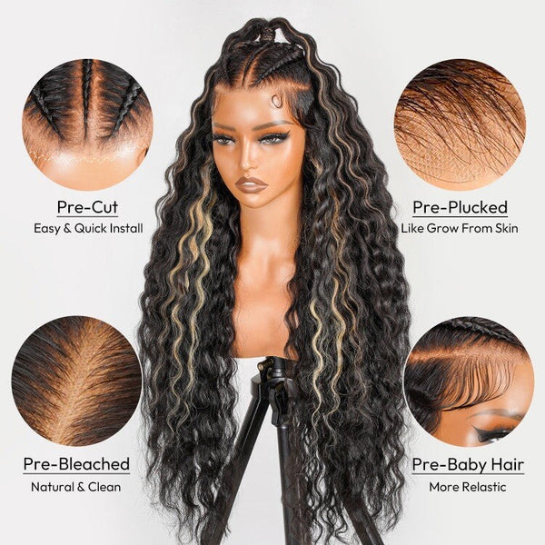 Chic Luxe Hair 100% Human Hair Crimp Wave Long Frontal Wig 13x6 HD Lace Black Caramel Honey Highlight 250% Density Glueless Pre-Braided Wear & Go