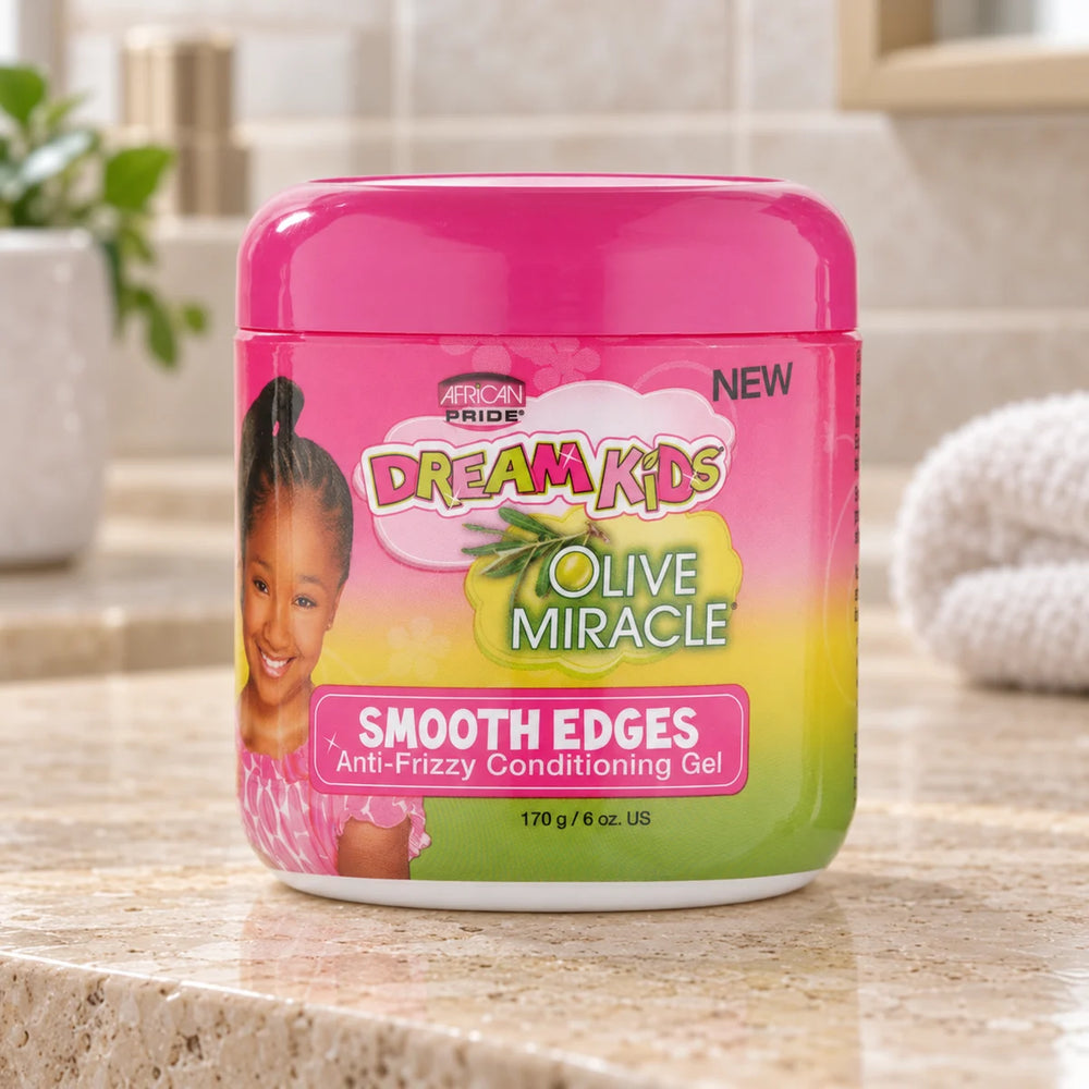 African Pride Dream Kids Smooth Edges Anti-Fizzy Conditioning Gel — 6 oz on a bathroom vanity.