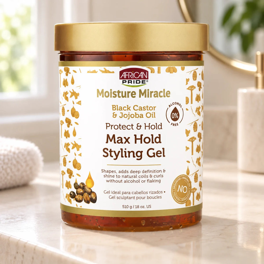 African Pride Moisture Miracle Black Castor & Jojoba Max Hold Styling Gel — 18 oz on a bathroom vanity.