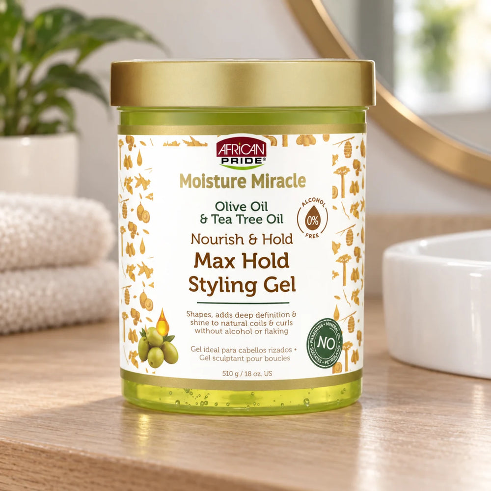 African Pride Moisture Miracle Olive Oil & Tea Tree Oil Max Hold Styling Gel — 18 oz on a bathroom vanity.