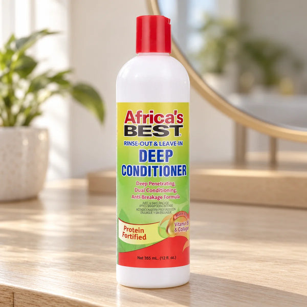 Africa's Best Rinse-Out And Leave-In Deep Conditioner — 12 oz on a bathroom vanity.