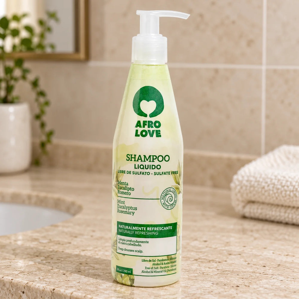 Afro Love Shampoo Liquido — 290 ml on a bathroom vanity.