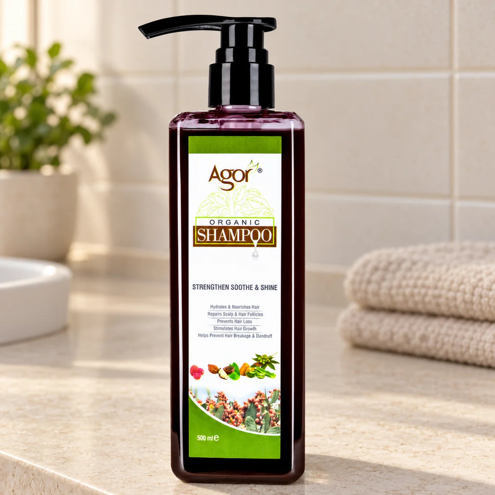 Agor Organic Hair Shampoo — 500 ml on a bathroom vanity.