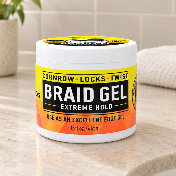 All Day Locks Braid Gel Extreme Hold — 15 oz on a bathroom vanity.