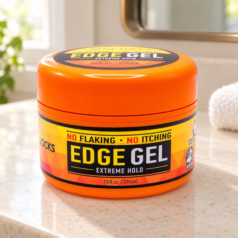 All Day Locks Edge Gel Extreme Hold — 10 oz on a bathroom vanity.