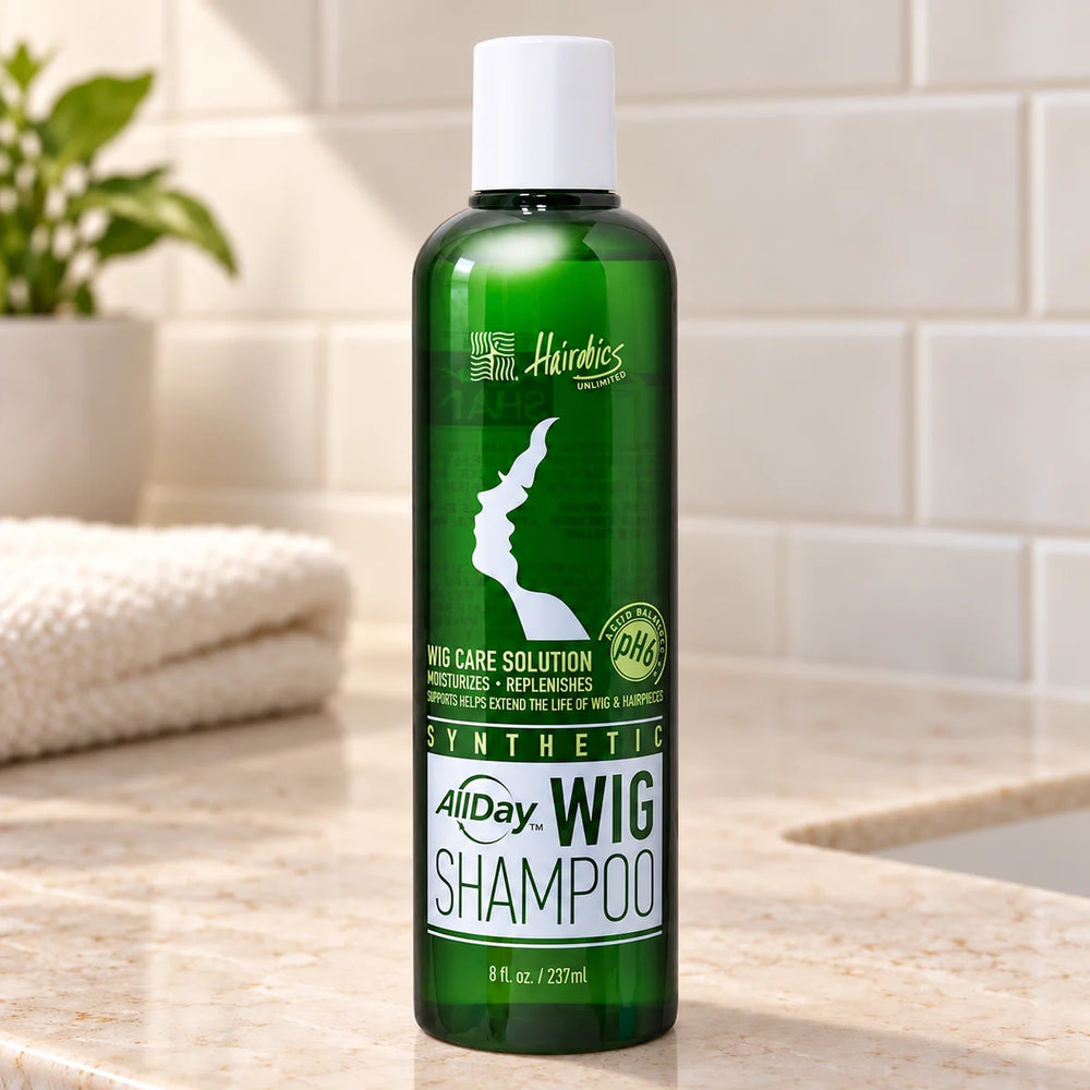 All Day Locks Synthetic Wig Shampoo — 8 oz on a bathroom vanity.