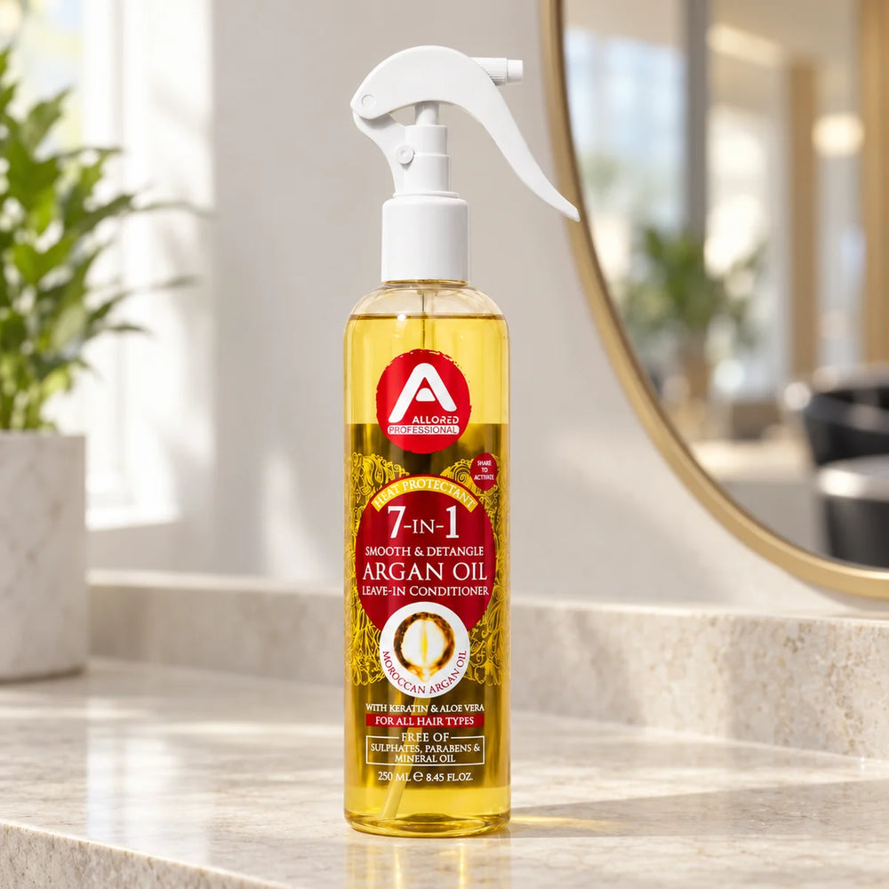 Allored Professional 7-in-1 Argan Oil Leave-In Conditioner for All Hair Types — 250 ml on a bathroom vanity.