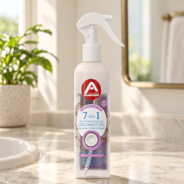 Allored Professional 7-in-1 Coconut Oil Leave-In Conditioner for All Hair Types — 250 ml on a bathroom vanity.