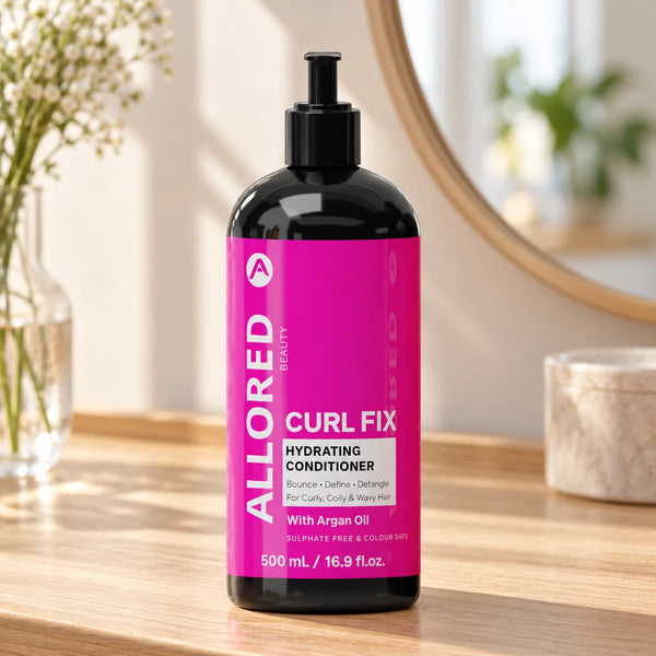 Allored Professional Curl Fix Hydrating Conditioner with Argan Oil — 500 ml on a bathroom vanity.
