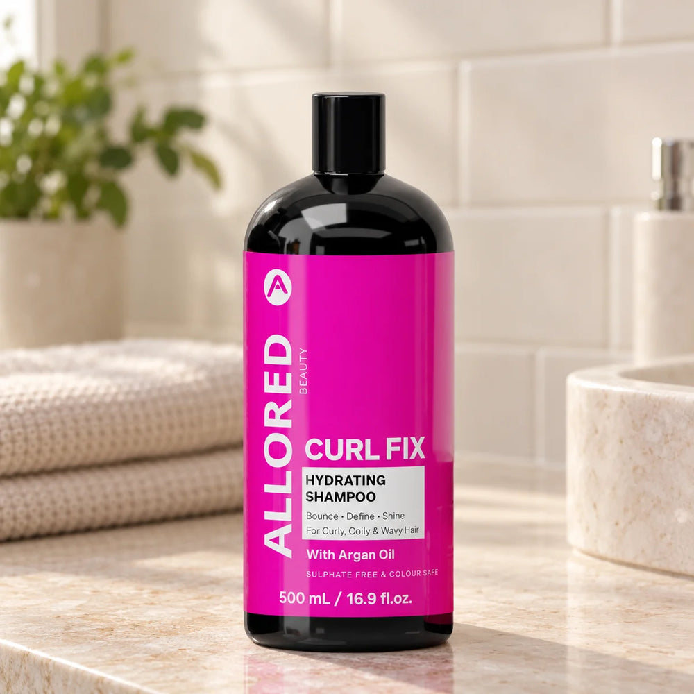 Allored Professional Curl Fix Hydrating Shampoo with Argan Oil — 500 ml on a bathroom vanity.