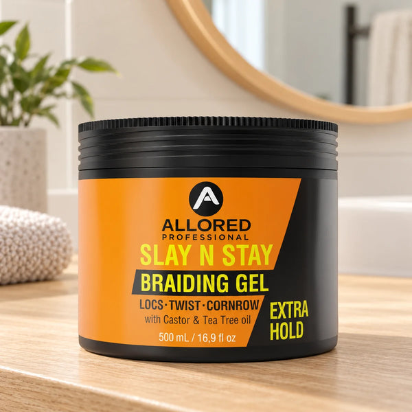 Allored Professional Slay N Stay Braiding Gel with Castor & Tea Tree Oil Extra Hold — 500 ml on a bathroom vanity.