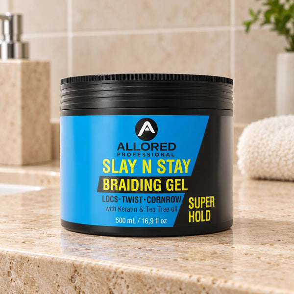 Allored Professional Slay N Stay Braiding Gel with Keratin & Tea Tree Oil Super Hold — 500 ml on a bathroom vanity.
