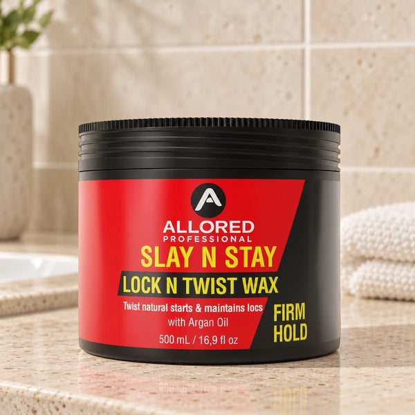 Allored Professional Slay N Stay Lock N Twist Wax with Argan Oil Firm Hold — 500 ml on a bathroom vanity.