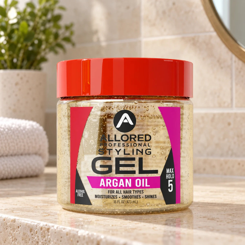 Allored Professional Styling Gel with Argan Oil Max Hold — 473 ml on a bathroom vanity.