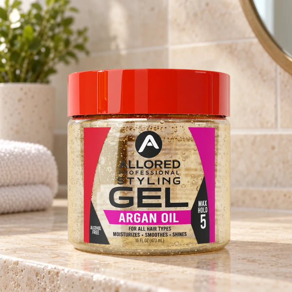 Allored Professional Styling Gel with Argan Oil Max Hold — 473 ml on a bathroom vanity.