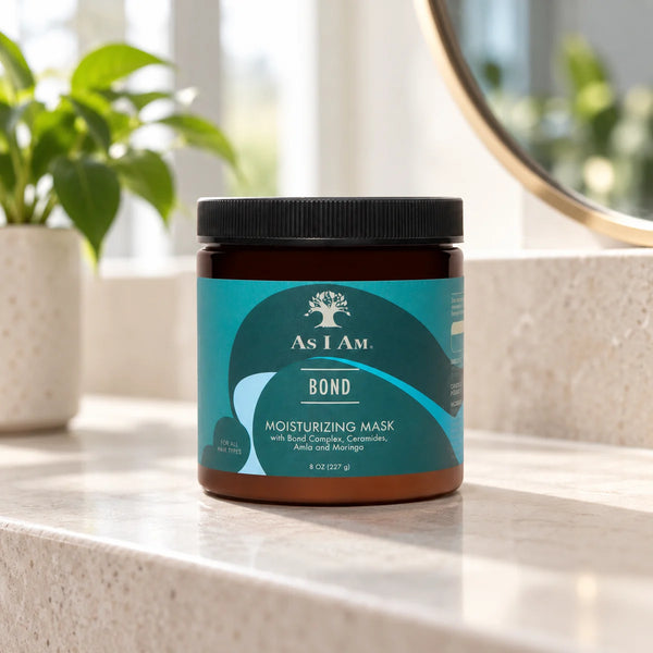 As I Am Bond Moisturizing Mask Intensive Moisture for Damaged Hair — 227 g on a bathroom vanity.