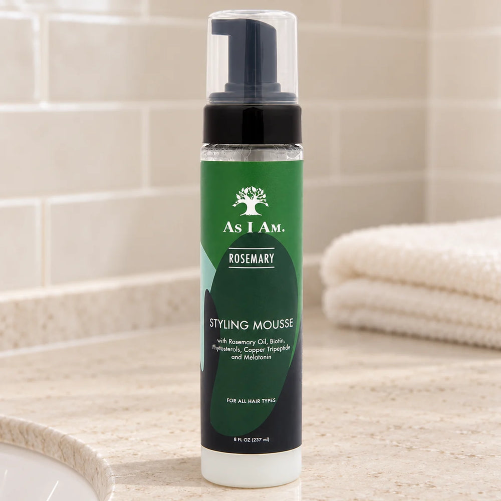 As I Am Rosemary Styling Mousse Define & Volumise Curls for Natural Hair — 8 oz on a bathroom vanity.