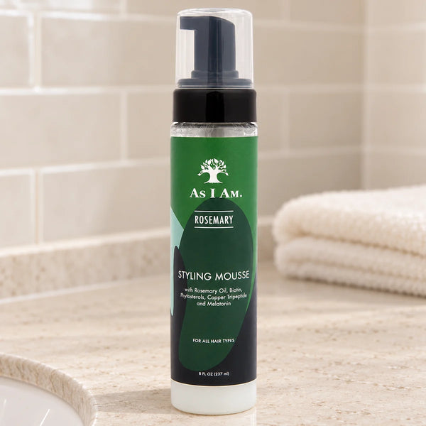 As I Am Rosemary Styling Mousse Define & Volumise Curls for Natural Hair — 8 oz on a bathroom vanity.