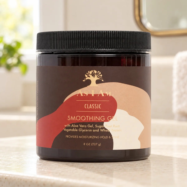 As I Am Smoothing Gel Frizz Control & Definition for Natural Hair — 8 oz on a bathroom vanity.