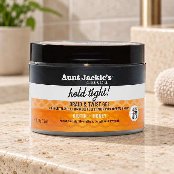 Aunt Jackie's Hold Tight Braid & Twist Gel — 7.5 oz on a bathroom vanity.