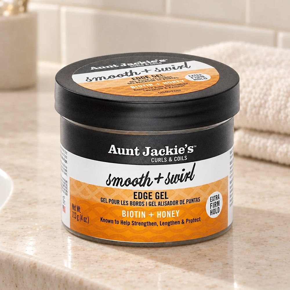 Aunt Jackie's Smooth + Swirl Edge Gel — 4 oz on a bathroom vanity.