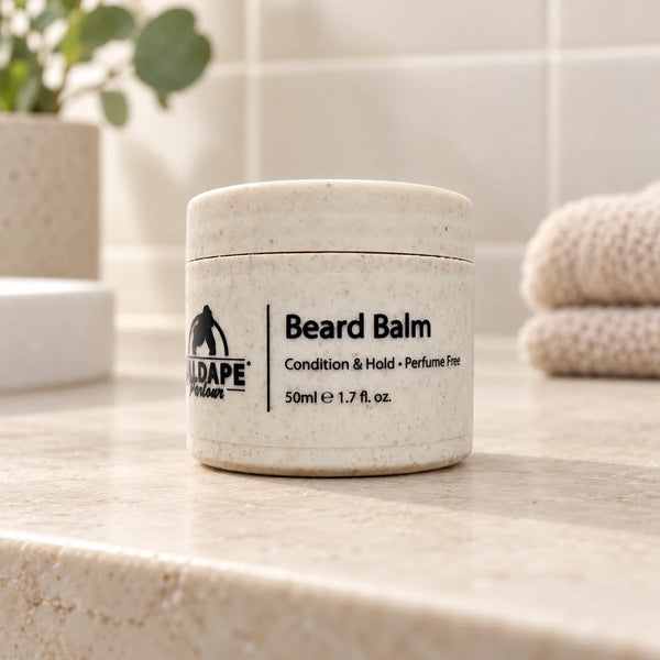 Baldape 50ml beard balm jar on a bathroom vanity.