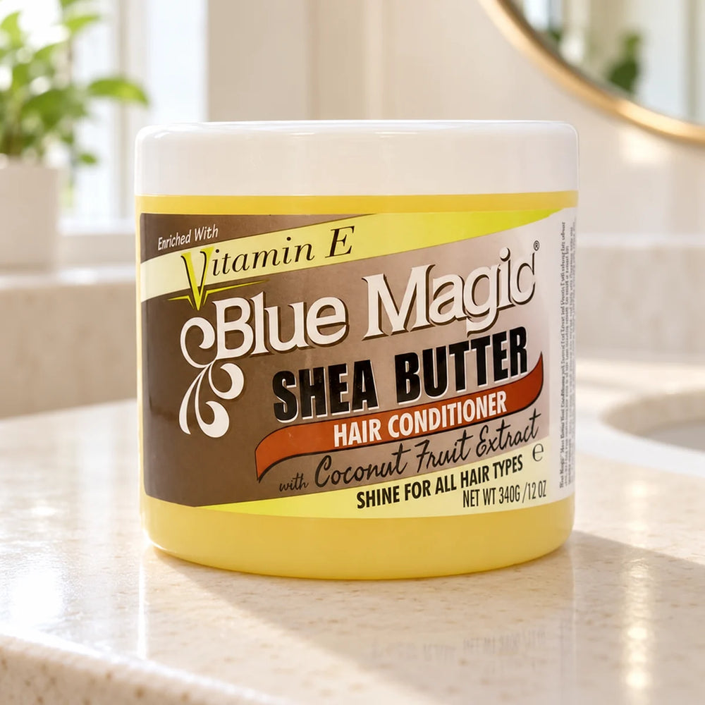 Blue Magic Shea Butter Hair Conditioner — 340 g on a bathroom vanity.