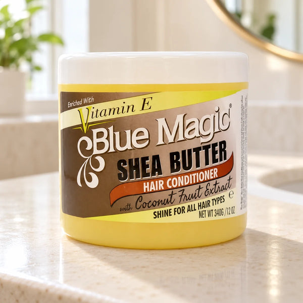 Blue Magic Shea Butter Hair Conditioner — 340 g on a bathroom vanity.