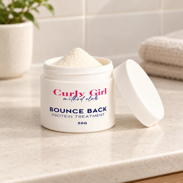 Bounce Back 50g hair-treatment jar on a bathroom vanity.