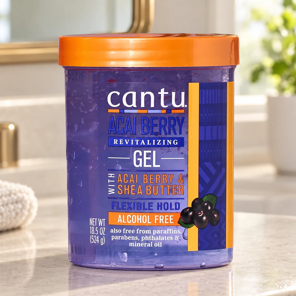 Cantu Acai Berry Gel — 18.5 oz on a bathroom vanity.