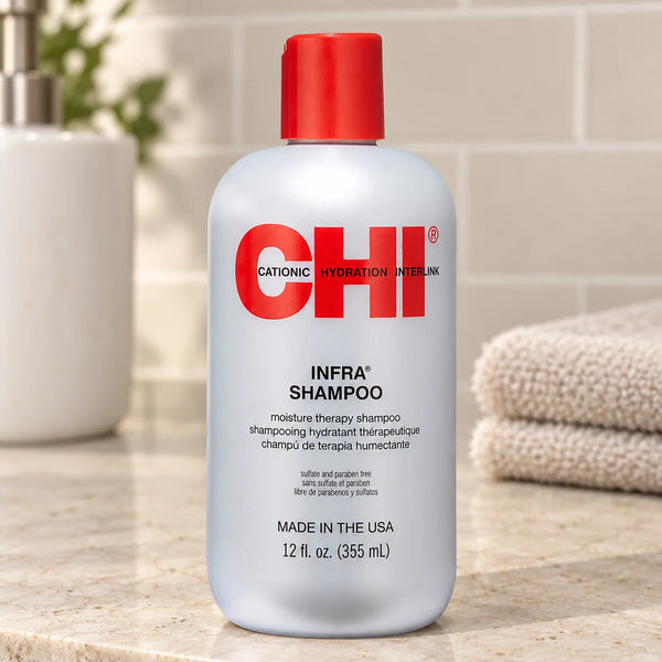 Chi Infra Shampoo — 12 oz on a bathroom vanity.