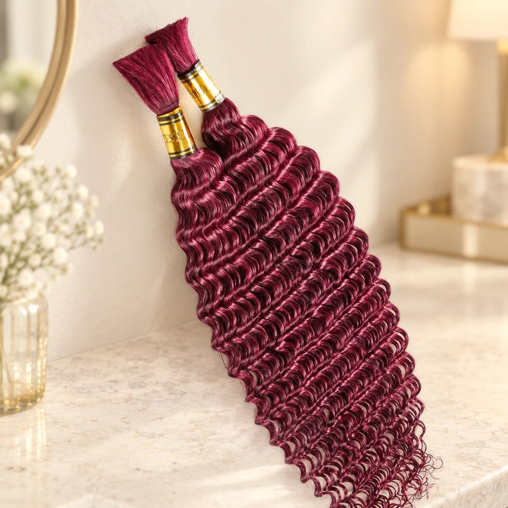 Chic Luxe Hair burgundy deep-wave hair bundles on a neutral dressing-room background.