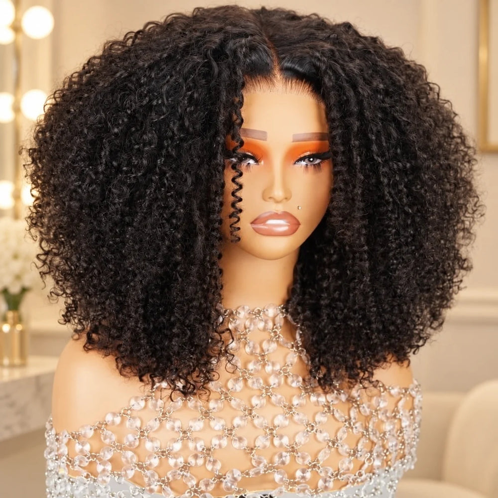 Chic Luxe Hair Full Glueless Wear & Go Kinky Curly Lace Front Wig, shown on its original subject against a neutral dressing-room background.