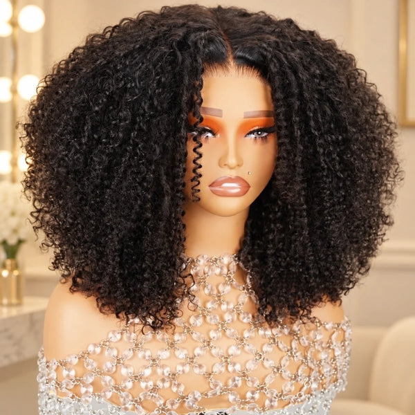 Chic Luxe Hair Full Glueless Wear & Go Kinky Curly Lace Front Wig, shown on its original subject against a neutral dressing-room background.