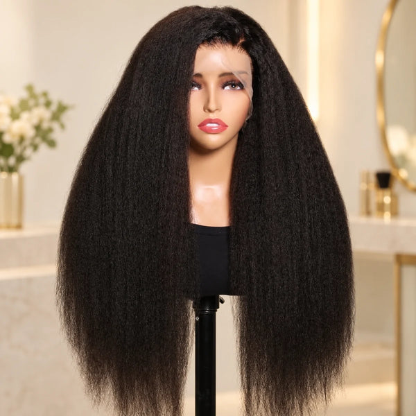 Chic Luxe Hair Full Lace Front Glueless Kinky Straight Wig — Long/Short, shown on its original subject against a neutral dressing-room background.