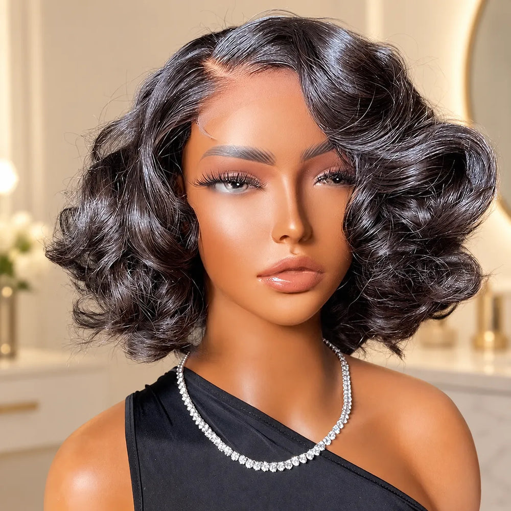 Chic Luxe Hair Glueless Bouncy Lace Front Loose Wave Short Wig, shown on its original subject against a neutral dressing-room background.