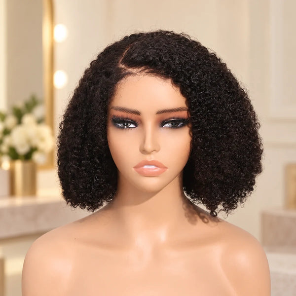 Chic Luxe Hair Glueless Jerry Curly Short Lace Front Bob Wig, shown on its original subject against a neutral dressing-room background.