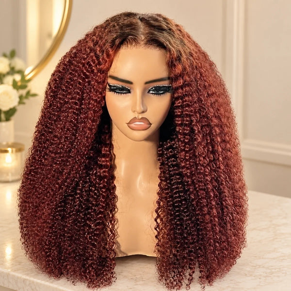 Chic Luxe Hair Afro Kinky Lace-Front Wig, shown on its original subject against a neutral dressing-room background.