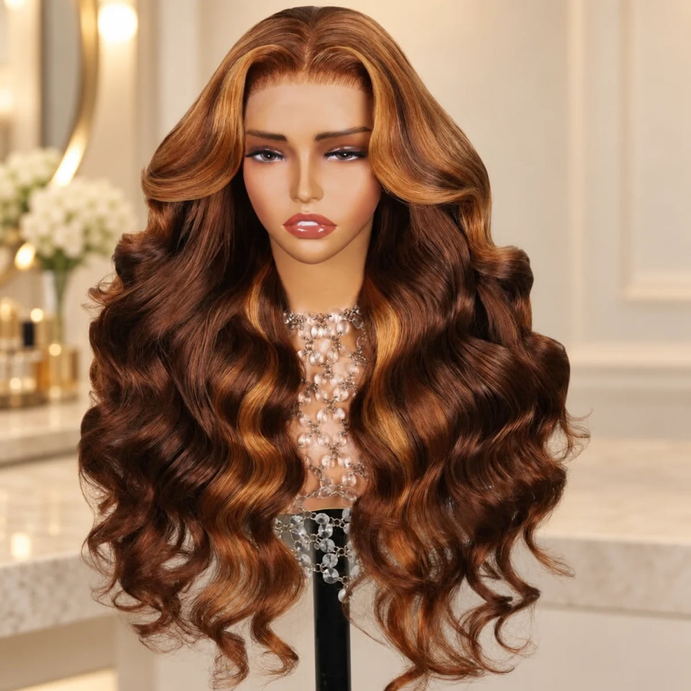 Chic Luxe Hair Glueless Wear Go Pre-Cut Lace Front Loose Wave Wig, shown on its original subject against a neutral dressing-room background.