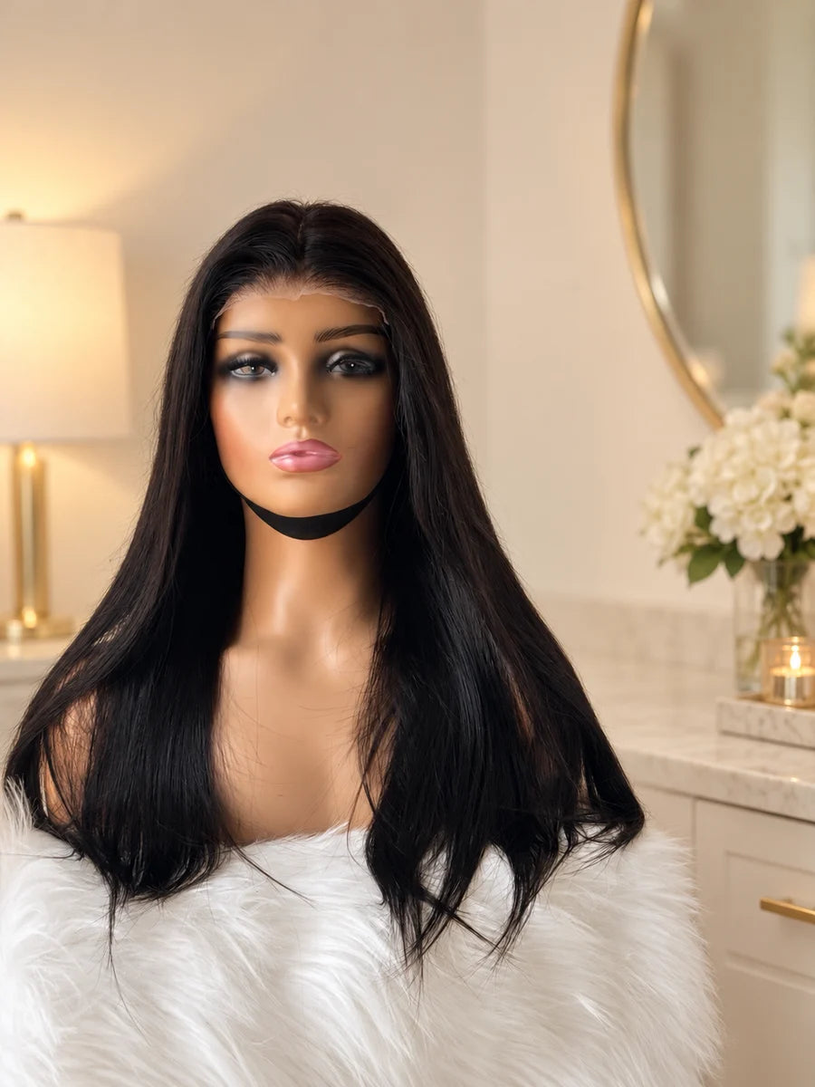 Chic Luxe Hair original style photograph on a neutral dressing-room background.