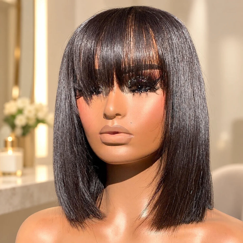 Chic Luxe Hair Short Bob With Bang Wig — Lace Front — Glueless Wear & Go, shown on its original subject against a neutral dressing-room background.