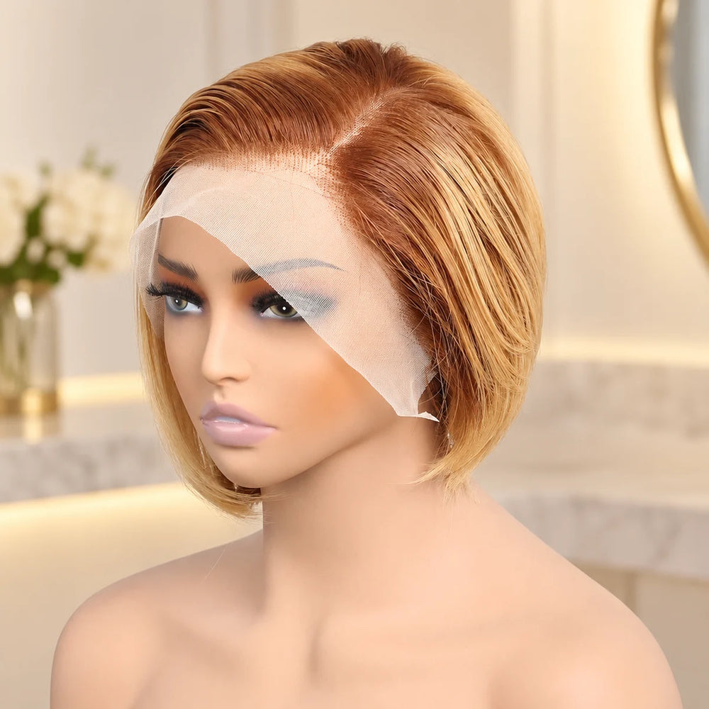 Chic Luxe Hair Wear & Go Pixie Lace Front Short Straight Wig, shown on its original subject against a neutral dressing-room background.