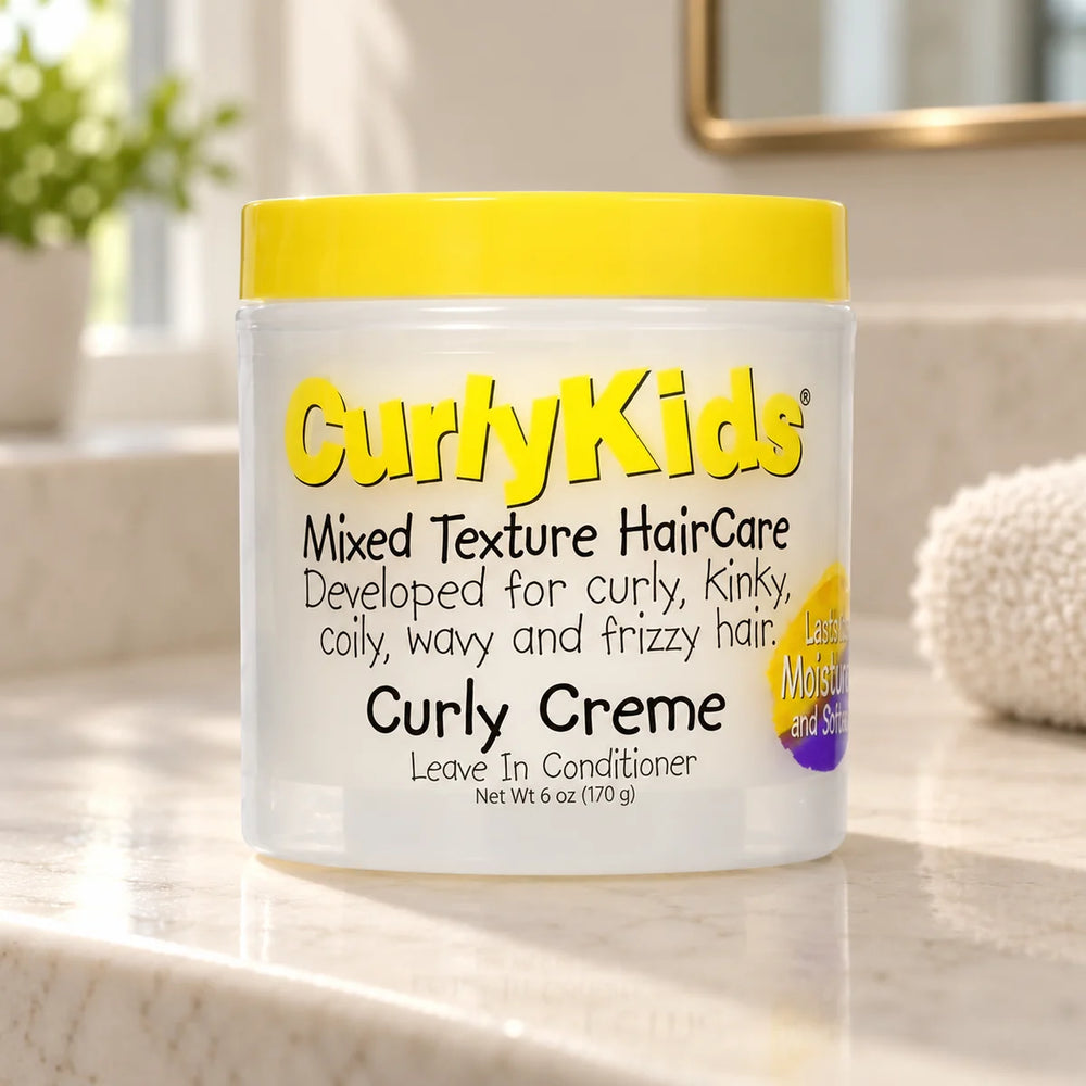 CurlyKids Curly Creme Leave-in Conditioner — 6 oz on a bathroom vanity.