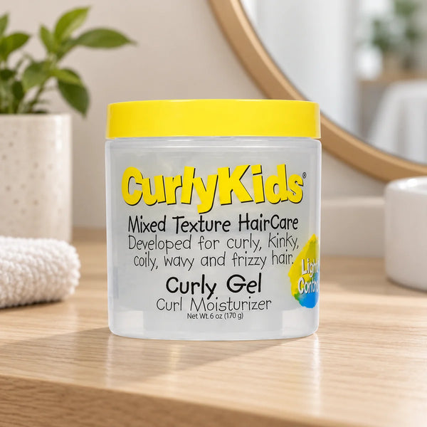 CurlyKids Curly Gel — 6 oz on a bathroom vanity.
