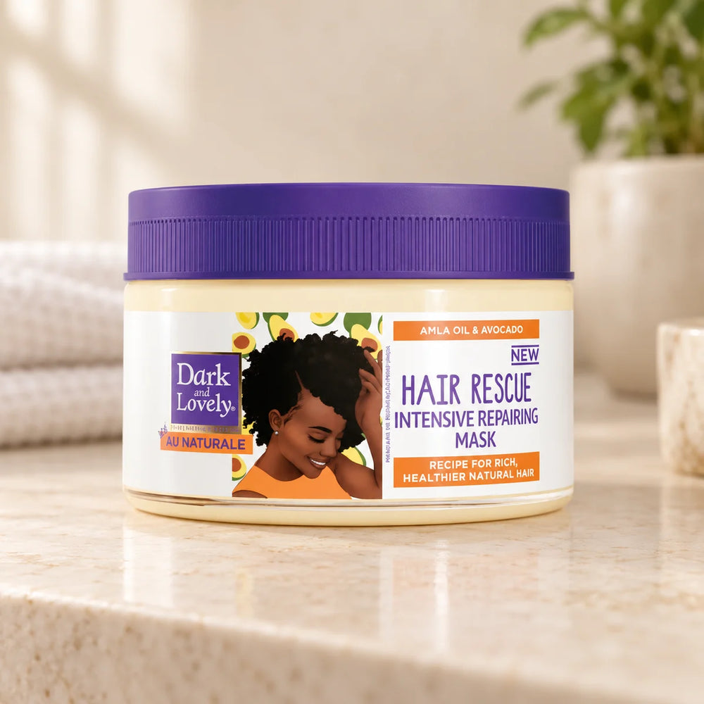 Dark and Lovely - Au Naturale Hair Rescue Intensive Repairing Mask - — 250 ml on a bathroom vanity or dressing table.