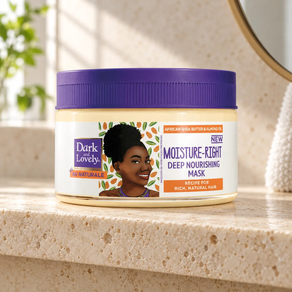 Dark and Lovely Au Naturale Moisture Right Deep Nourishing Mask 8.5oz For Dry Hair — 8.5 oz on a bathroom vanity or dressing table.