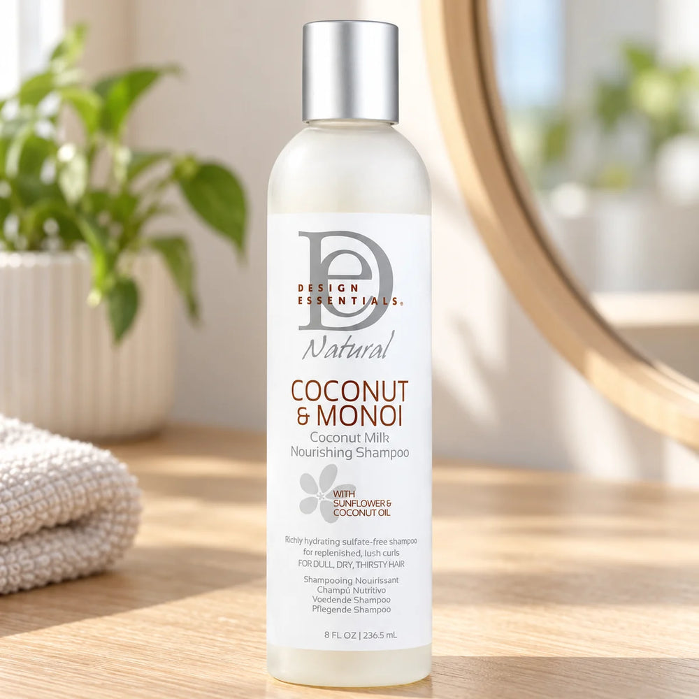 Design Essentials Coconut & Monoi Nourishing Shampoo — 8 oz on a bathroom vanity.