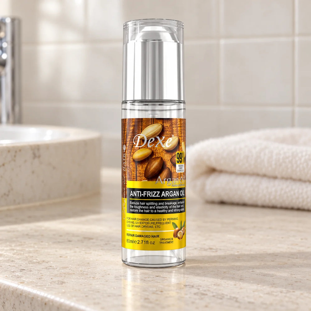 Dexe Anti-Frizz Argan Oil Hair Treatment — 80 ml on a bathroom vanity.